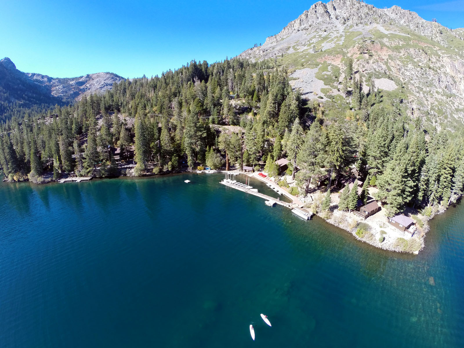 aerial view of fallen leaf lake and stanford camp